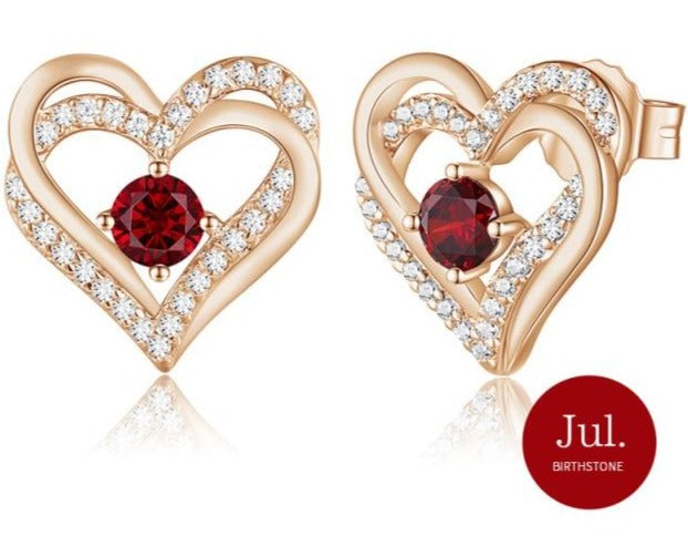 Gold Double Heart Birthstone Earrings