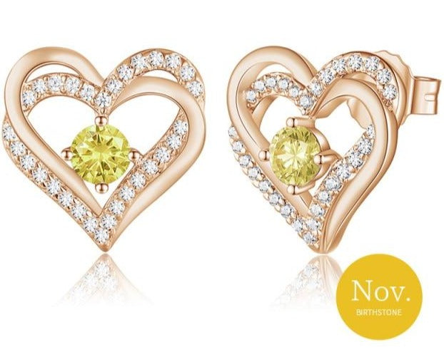 Gold Double Heart Birthstone Earrings